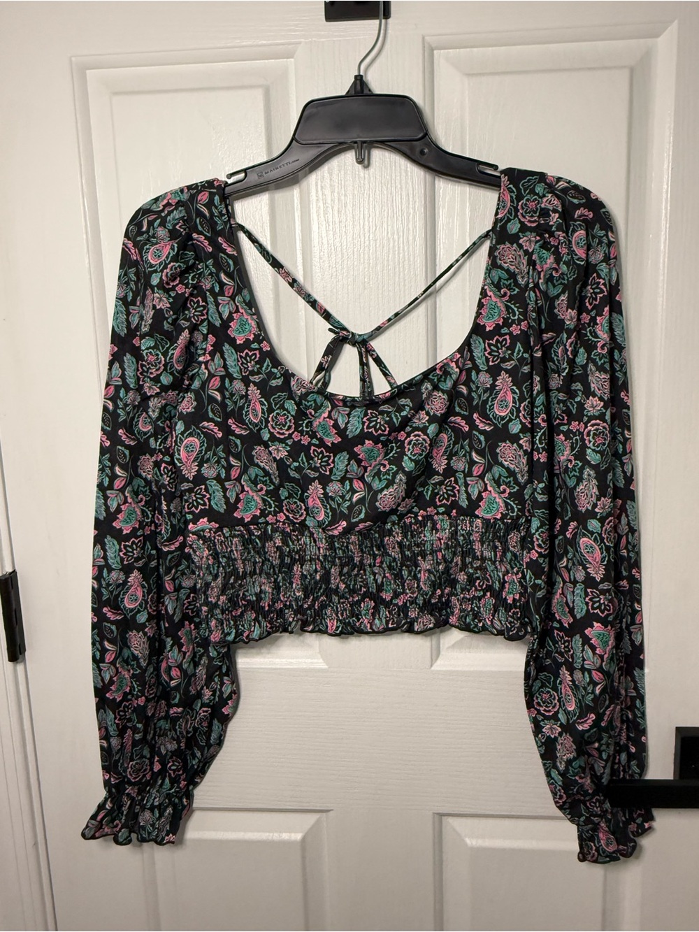 Topshop Black Floral Smocked Crop Top with Pink & Teal Accents